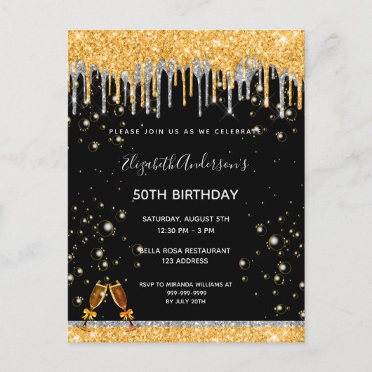 Carte Postale Anniversaire noir or parties scintillant argent gl (Devant)