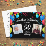 Carte Postale Anniversaire Par La Poste, 2 Photo, N'Importe Quel<br><div class="desc">Célébrez un anniversaire spécial par la poste ou virtuellement avec cette carte postale amusante avec 2 photos encadrées de ballons colorés et mises contre un arrière - plan noir. Parfait pour tout anniversaire d'âge, car vous pouvez facilement changer l'année. L'arrière-plan contient des instructions sur l'endroit où envoyer des cartes d'anniversaire...</div>