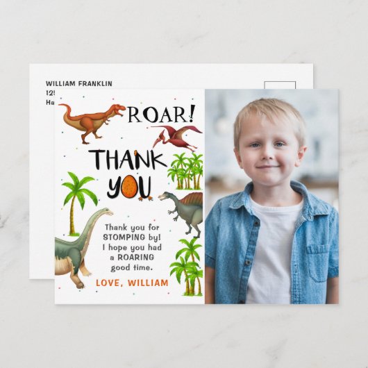 Carte Postale Anniversaire Photo Merci Dinosaure Jungle Rugissem (Devant / Derrière)