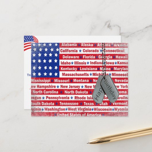 Carte Postale Anniversaire pour un soldat militaire (Devant/Arrière en situation)