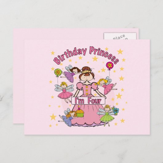 Carte Postale Anniversaire Princesse Je suis quatre t-shirts et  (Devant / Derrière)