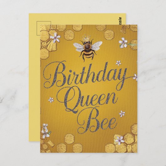 Carte Postale Anniversaire Queen Bee - Design élégant Gold Honey (Devant / Derrière)