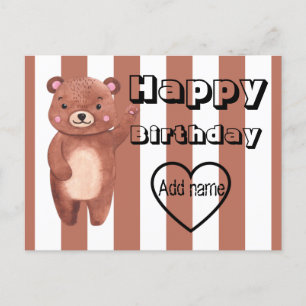 Carte Postale Anniversaire rayures d'ours mignon personnalisé