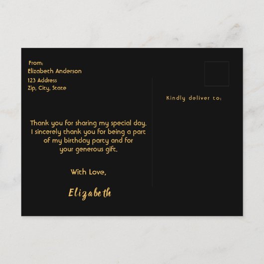 Carte Postale Anniversaire rose or arc glam noir Merci (Dos)