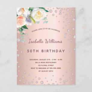 Carte Postale Anniversaire rose or diamants rose floraux