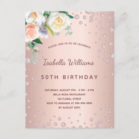 Carte Postale Anniversaire rose or diamants rose floraux (Devant)
