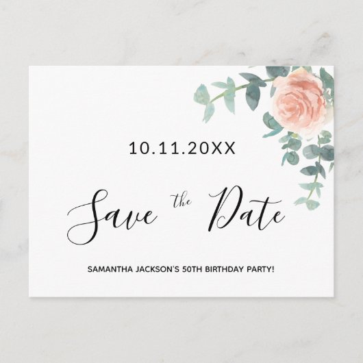 Carte Postale Anniversaire rose or floral enregistrer la date (Devant)