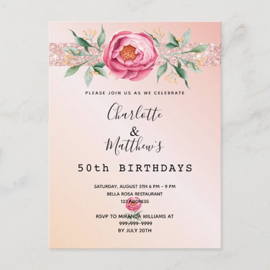 Carte Postale Anniversaire rose or parties scintillant deux pers (Devant)