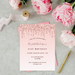 Carte Postale Anniversaire rose or parties scintillant rose rous<br><div class="desc">Une invitation à la fête d'anniversaire de 21e anniversaire, féminine et féminine (ou tout âge). Devant : Un arrière - plan rose doré et rose vif. Décoré avec des gouttes de parties scintillant en or rose, la peinture goutte à goutte. Personnalisez et ajoutez un nom et des détails du parti....</div>