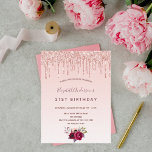 Carte Postale Anniversaire rose or parties scintillant rose rous<br><div class="desc">Une invitation à la fête d'anniversaire de 21e anniversaire, féminine et féminine (ou tout âge). Devant : Un arrière - plan rose doré et rose vif. Décoré de gouttes de parties scintillant en faux or rose et de fleurs bordeaux et roses dorées. Personnalisez et ajoutez un nom et des détails...</div>
