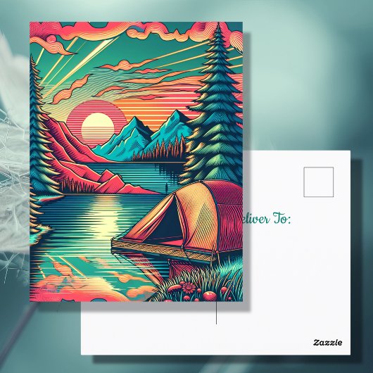 Carte Postale Anniversaire sur le thème du camping rose et sarce