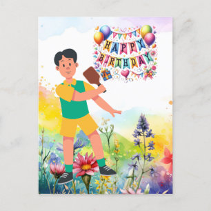 Carte Postale Anniversaire thème pickleball fleurs arc-en-ciel