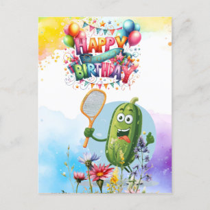 Carte Postale Anniversaire thème pickleball fleurs arc-en-ciel