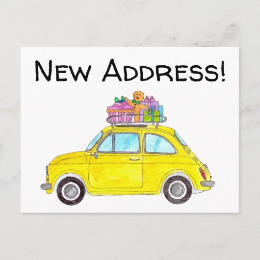 Carte Postale Annonce d'adresse jaune rétro Fiat 500 (Devant)
