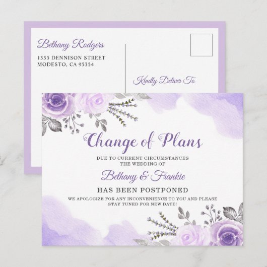 Carte Postale Annonce de Changement de Plans Chic Fleuris Violet (Devant / Derrière)