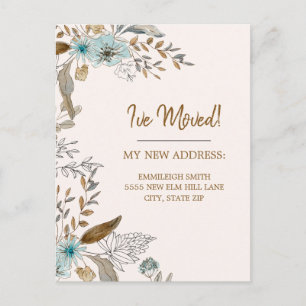 Carte Postale Annonce de déménagement Bleu Brun Floral Feuilles