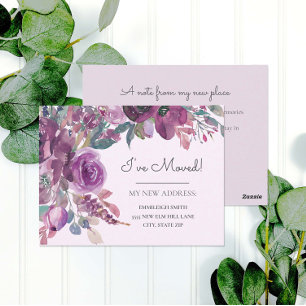 Carte Postale Annonce de déménagement Violet Floral Aquarelle