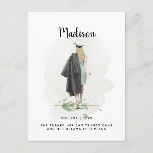 Carte Postale Annonce de diplôme de fille au feuillage aquarelle (Devant)