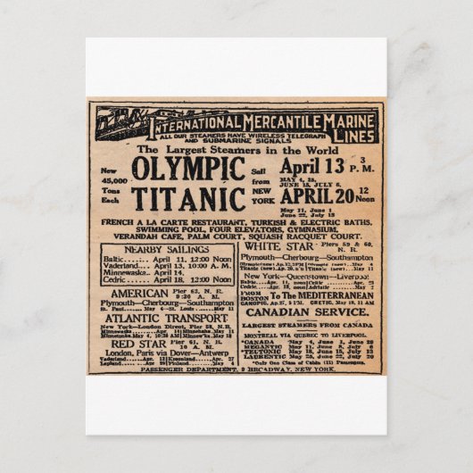 Carte Postale Annonce de journal Titanic (Devant)