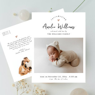 Carte Postale Annonce de naissance élégante Minimal Heart 2 phot