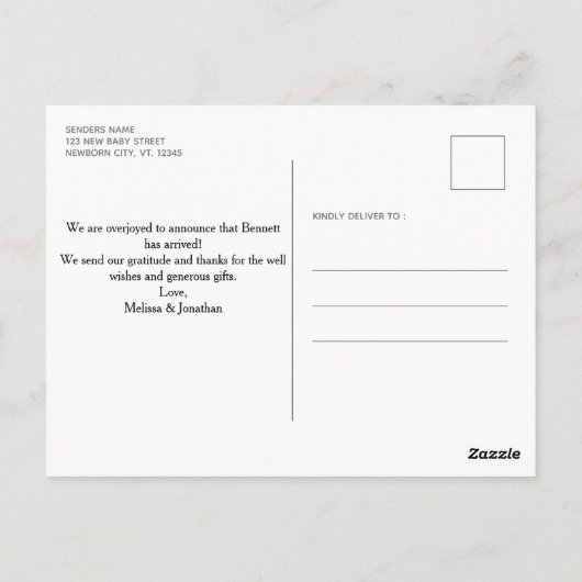 Carte Postale Annonce de naissance élégante pour nouveau-né garç (Dos)