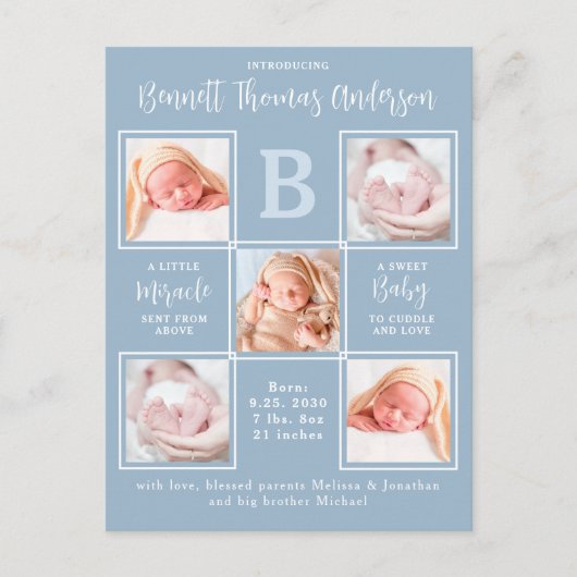 Carte Postale Annonce de naissance élégante pour nouveau-né garç (Devant)