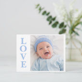 Carte Postale Annonce de naissance en typographie bleue pour pho (Debout devant)