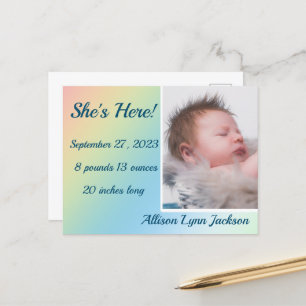 Carte Postale Annonce de naissance simple avec dégradé pastel