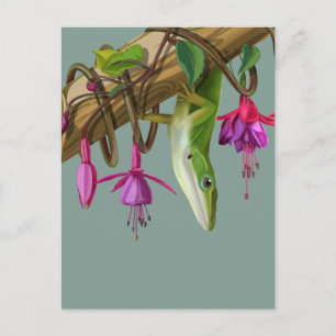 Carte Postale Anolis vert avec fuchsias 