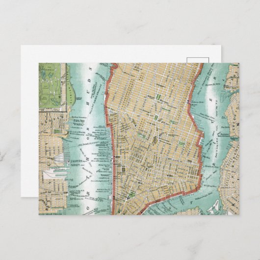 Carte Postale Antique Map of Lower Manhattan and Central Park (Devant / Derrière)