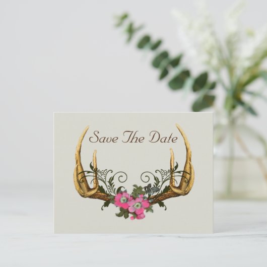 Carte Postale Antlers et Roses roses roses Enregistrer la date (Debout devant)