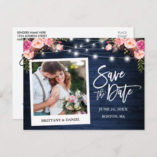 Carte Postale Appareil Photo Instantané Bleu Bois Fleurs Roses E (Devant / Derrière)