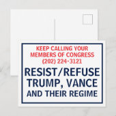 Carte Postale Appelez le Congrès Protester Résister Refuser Trum (Devant / Derrière)