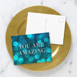 Carte Postale Aqua Blue Bokeh Lights Faux Silver Vous Êtes Extra<br><div class="desc">Carte postale de motivation chic avec les mots "You Are Extraordinaire" en faux feuille d'argent contre un livre bleu aqua illumine l'arrière - plan motif. Pour ajouter du texte à la carte, cliquez sur le bouton "Personnaliser". *Veuillez noter que le filigrane Zazzle qui apparaît dans l'aperçu du zoom n'apparaîtra PAS...</div>