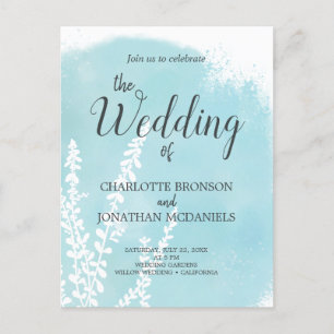Carte Postale Aqua Blue Botanical Watercolor Mariage de lavage