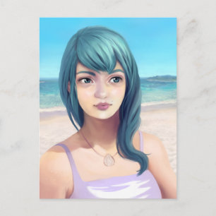 Carte Postale Aqua - Blue Haired Pretty Girl sur la plage