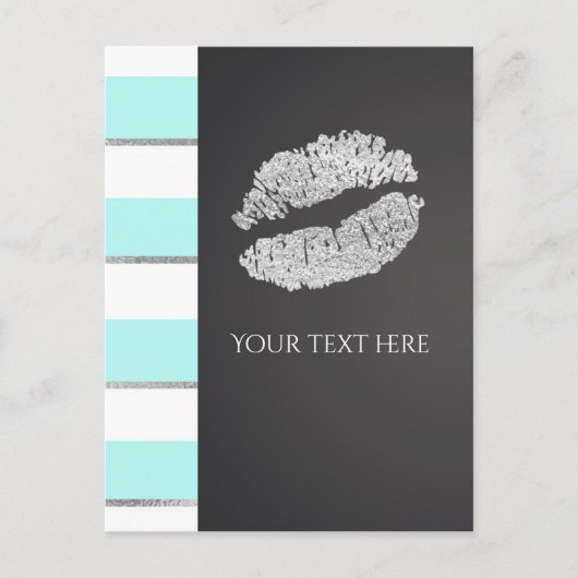 Carte Postale Aqua Blue & White Faux Silver Shimmer Lips (Devant)