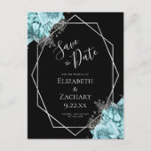 Carte Postale Aqua Floral Silver Geo Frame Black Save the Date (Devant)