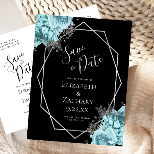 Carte Postale Aqua Floral Silver Geo Frame Black Save the Date