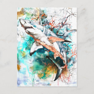 Carte Postale Aquarelle Abstraite Illustration d'un requin