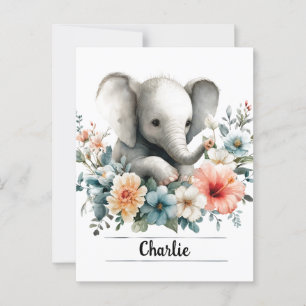 Carte Postale Aquarelle adorable bébé éléphant avec nom personna