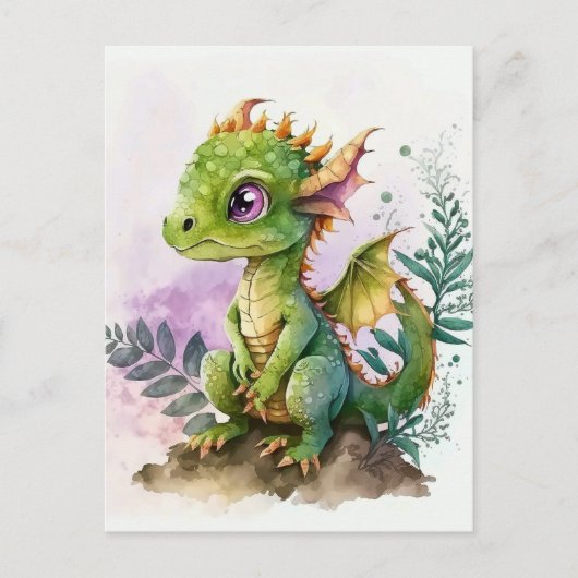 Carte Postale Aquarelle adorable Dragon bébé aux yeux pourpres (Devant)