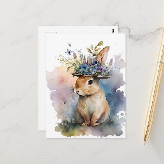 Carte Postale Aquarelle adorable Rabbit (Devant/Arrière en situation)