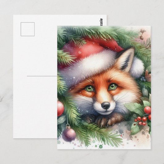 Carte Postale Aquarelle adorable Renard rouge Noël (Devant / Derrière)