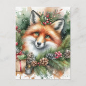 Carte Postale Aquarelle adorable Renard rouge Noël (Devant)