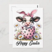 Carte Postale Aquarelle adorable Vache de Pâques dans l'oeuf (Devant / Derrière)