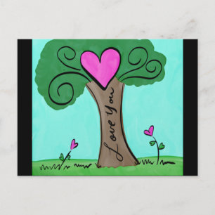 Carte Postale Aquarelle Aime Arbre Avec Coeurs et Fleurs