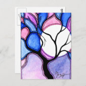 Carte Postale Aquarelle Arbre et Lune - Bleu et rose (Devant / Derrière)