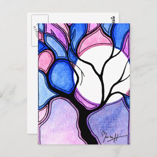 Carte Postale Aquarelle Arbre et Lune - Bleu et rose (Devant / Derrière)