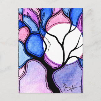 Carte Postale Aquarelle Arbre et Lune - Bleu et rose